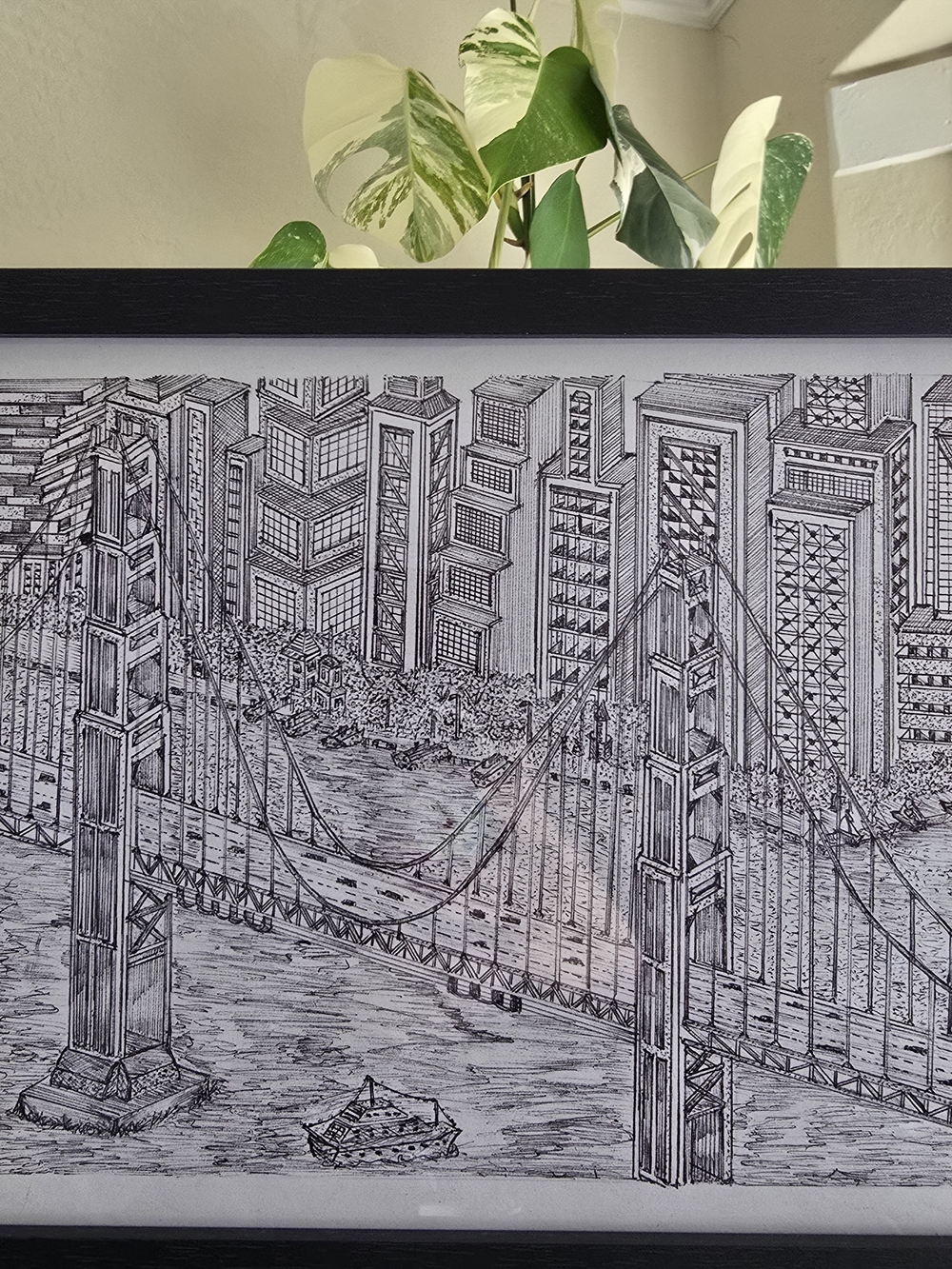 San Francisco art framed original Hand drawing. 01 golden gate bridge And City